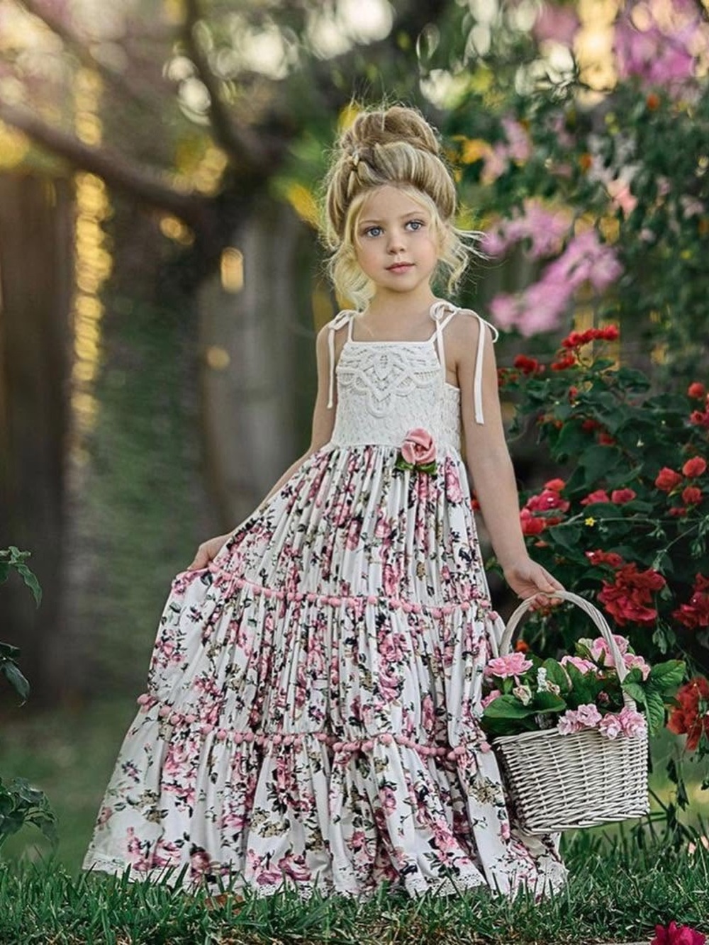 Dollcake White Maxi Dress with Pink Floral Print and Rose Accent